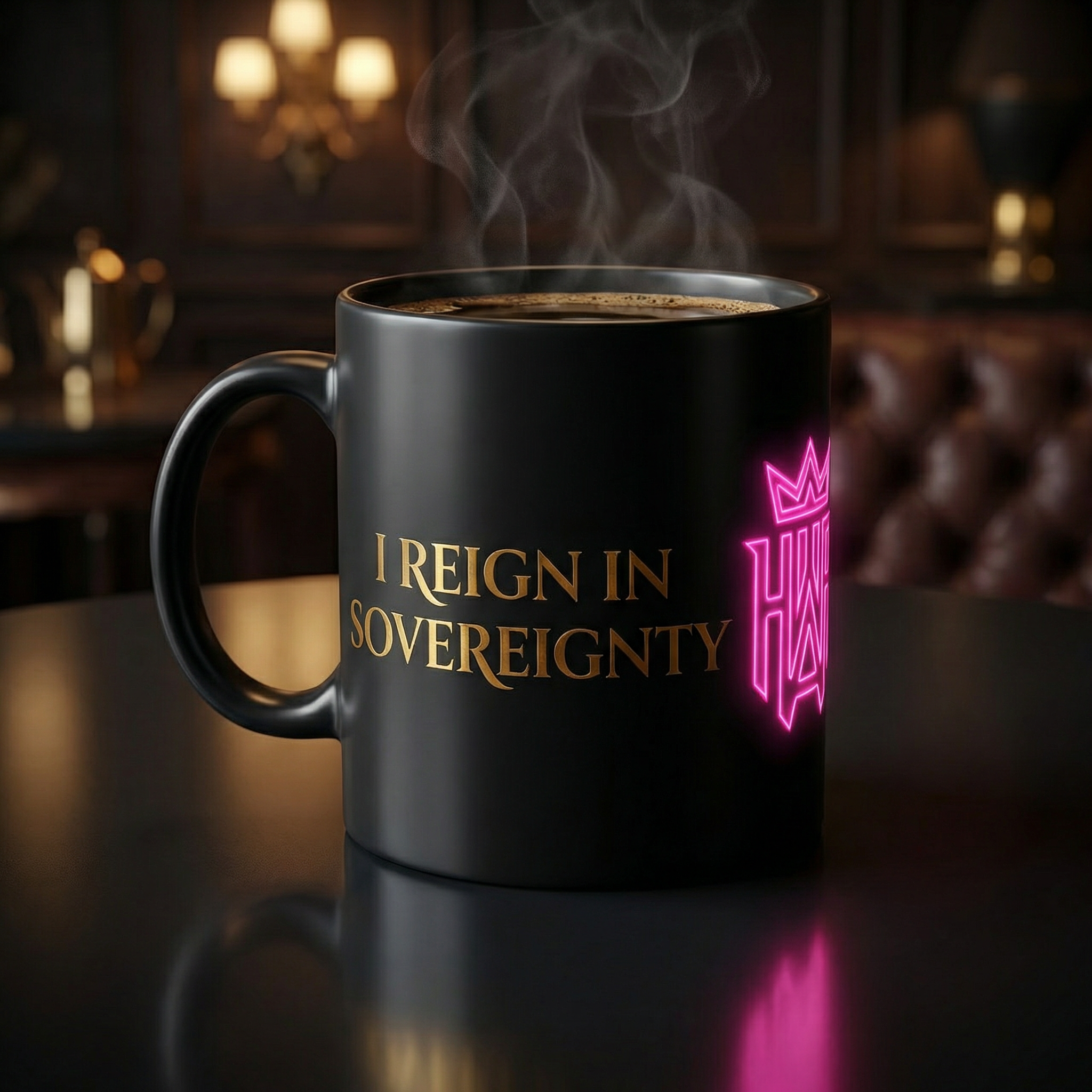 Black mug with 'I Reign in Sovereignty' text and neon logo on a reflective surface.