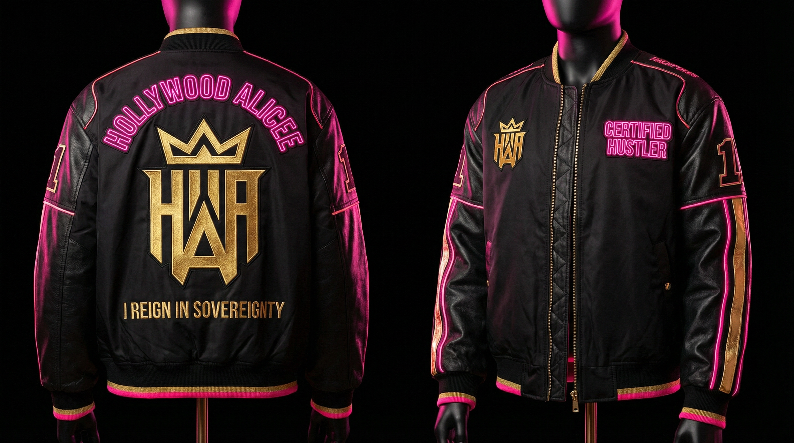 Black jacket with pink accents featuring 'Hollywood Alice' branding on a black background