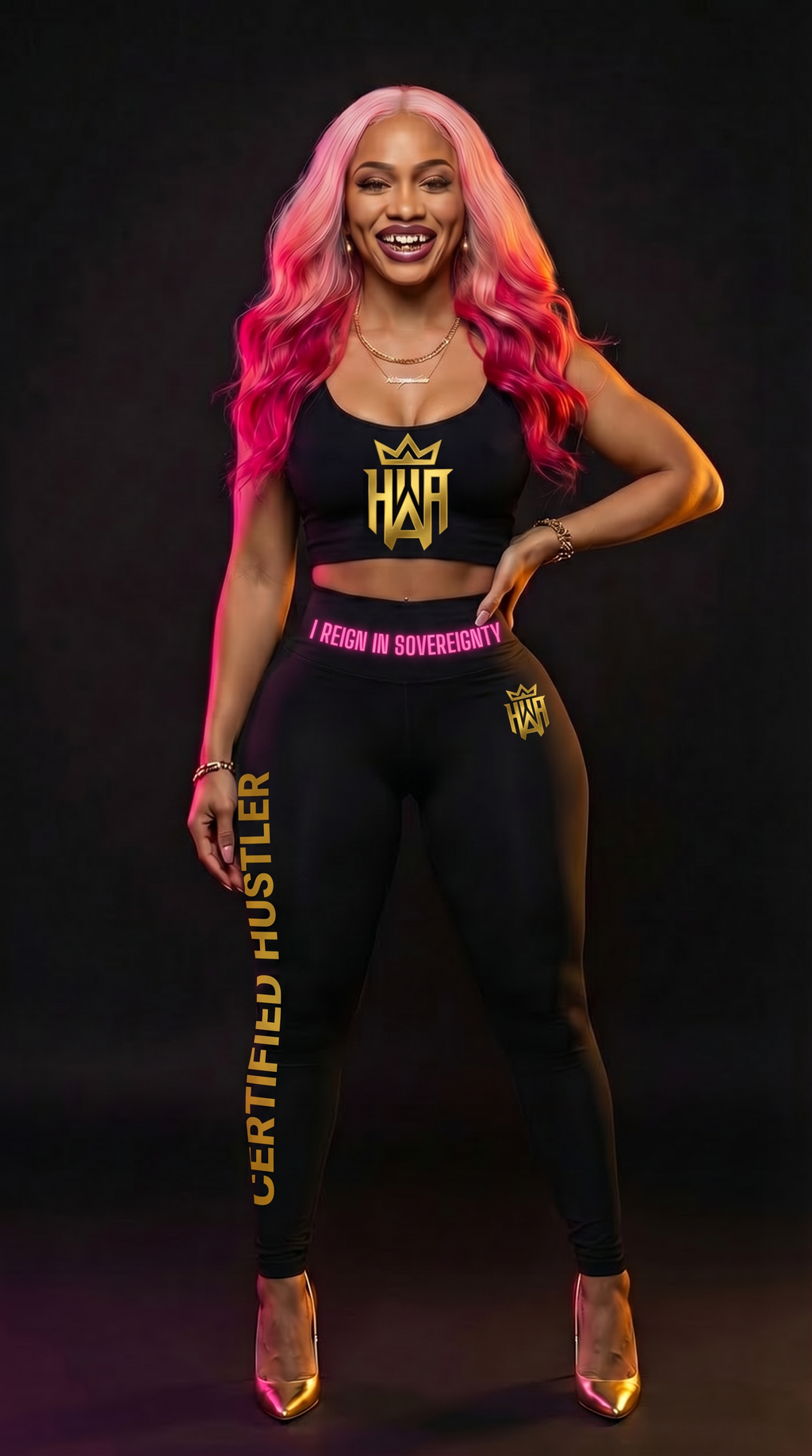 HWA wearing a black sports bra and leggings with visible branding on a dark background
