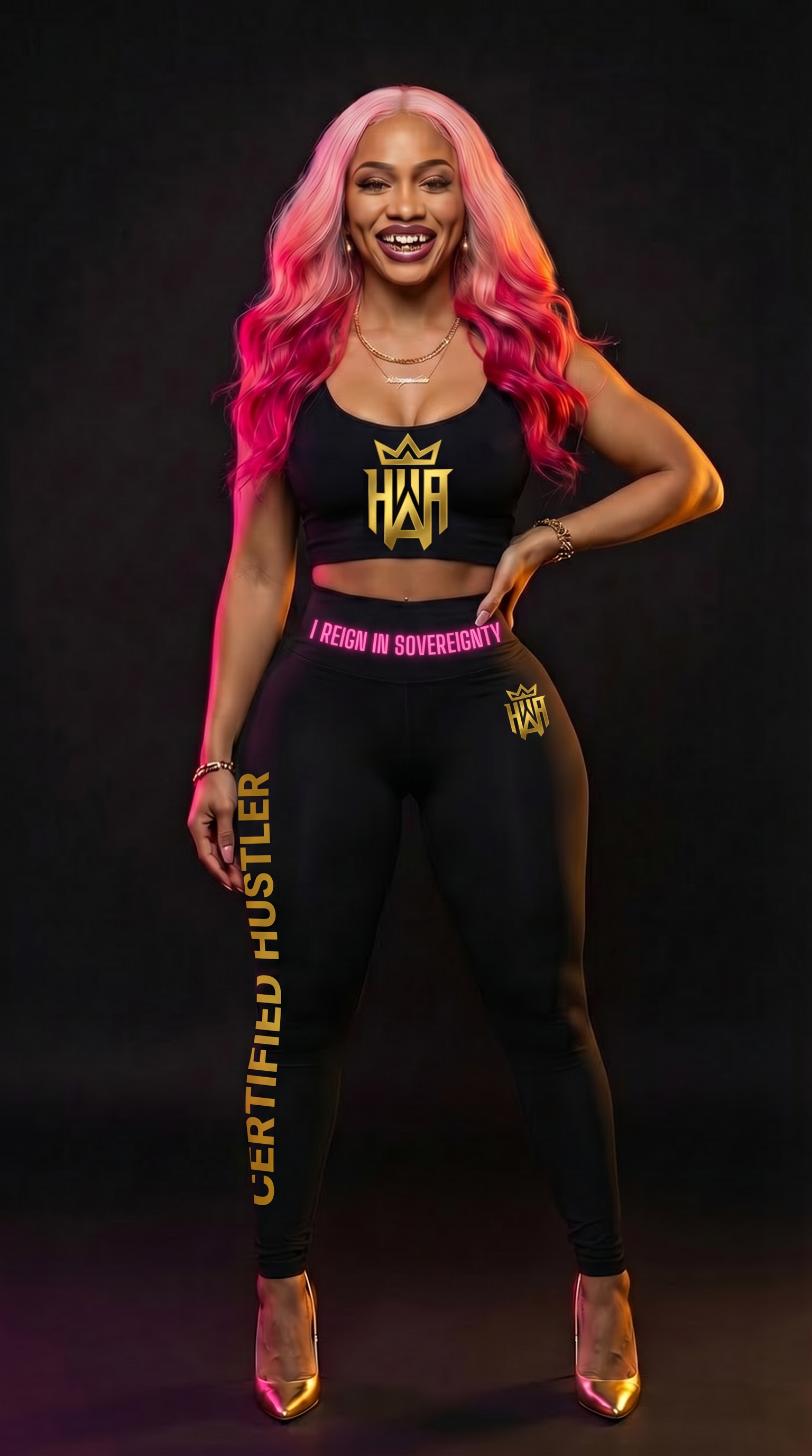 HWA wearing a black sports bra and leggings with visible branding on a dark background