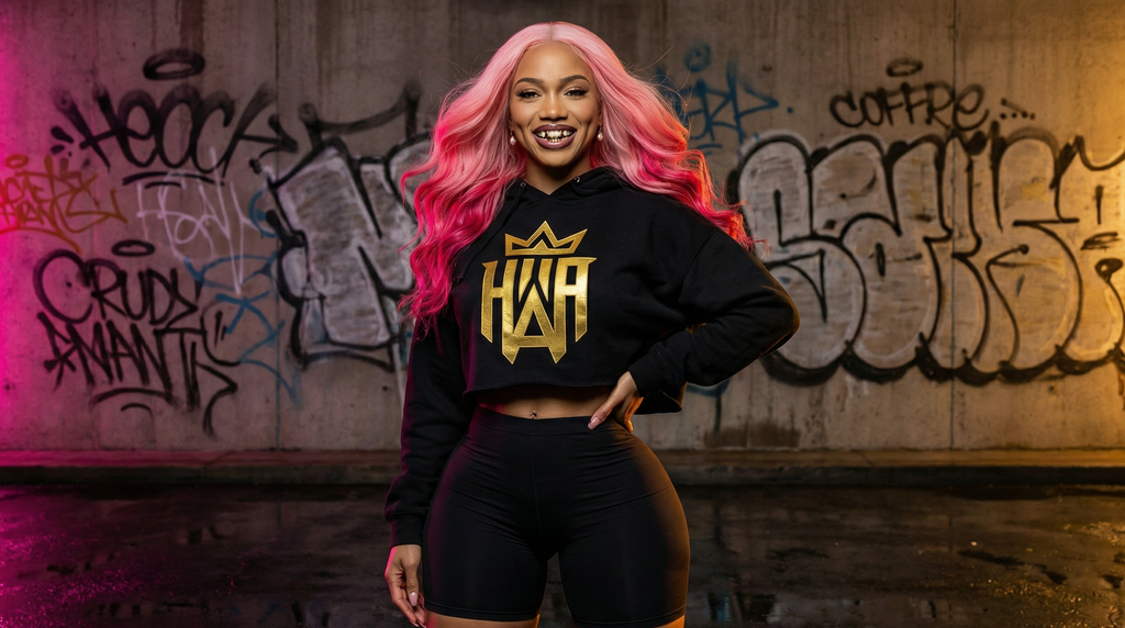 HWA with pink hair wearing a black hoodie with a gold logo in front of a graffiti-covered wall.