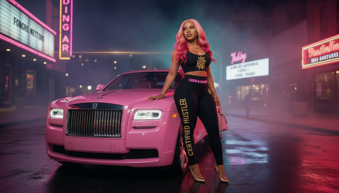 HWA with pink hair standing next to a pink Rolls-Royce in a neon-lit urban setting