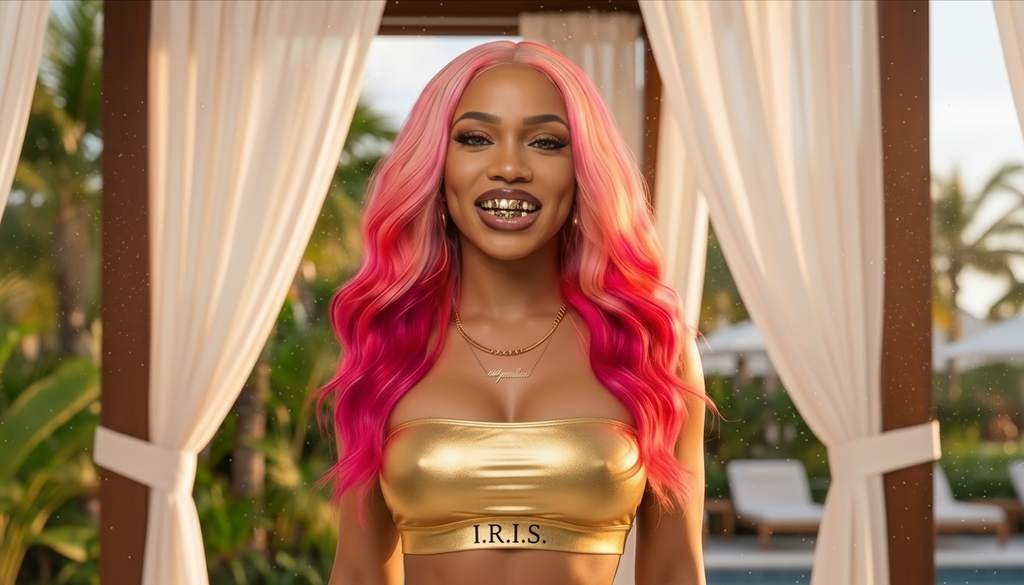 Hollywood Alicee with pink hair wearing a gold outfit in a tropical setting
