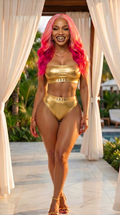 Hollywood Alicee in a gold swimsuit with 'Iris' branding standing in a tropical setting.